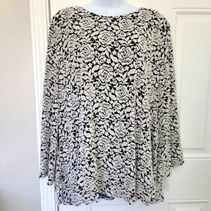 CHICO'S Black White Floral Jacquard Burnout Velvet Top Size 3 US XL Bell Sleeves